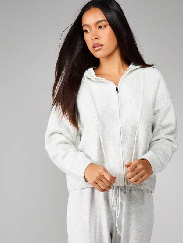 missguided MISSGUIDED Hooded Zip Up Knit Cardigan
