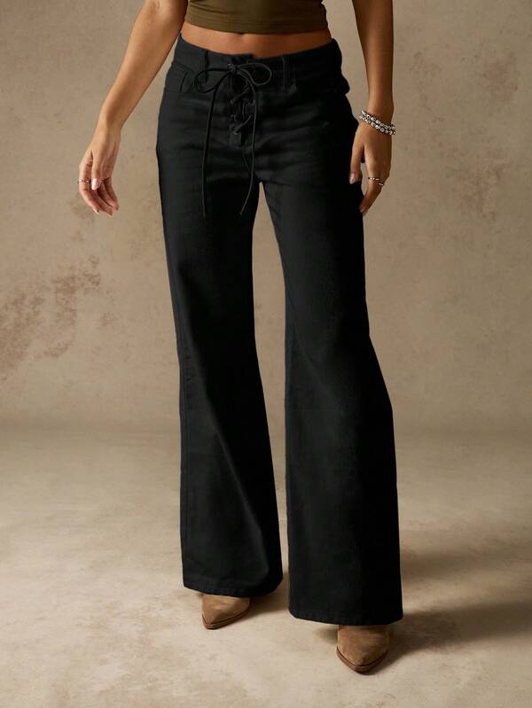 missguided MISSGUIDED Lace Up Wide Leg Denim Jeans