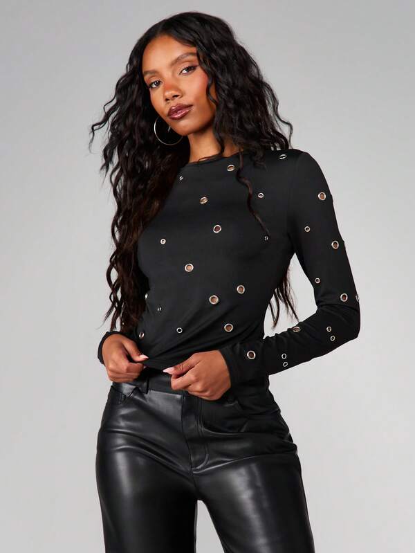 Missguided MISSGUIDED Long Sleeve Eyelet T-Shirt