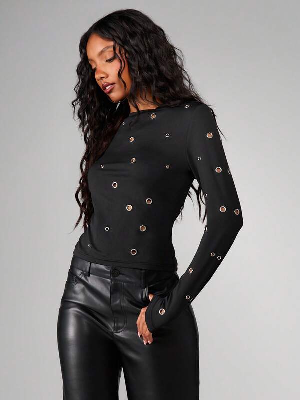 missguided MISSGUIDED Long Sleeve Eyelet T-Shirt