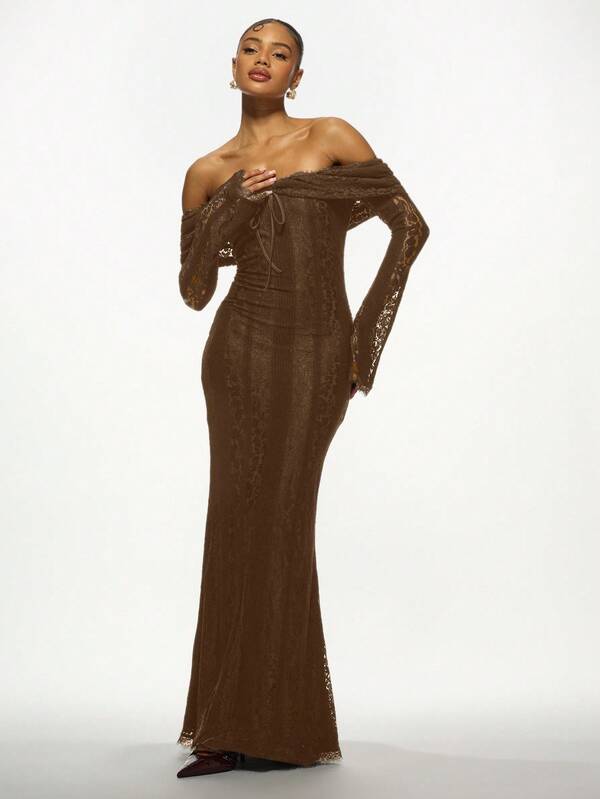 missguided MISSGUIDED Off Shoulder Lace Maxi Dress