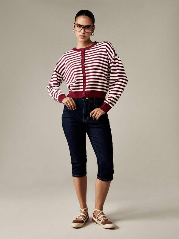 Missguided MISSGUIDED MISSGUIDED PLUS Burgundy Striped Button Front Cropped Cardigan With Ribbed Trim