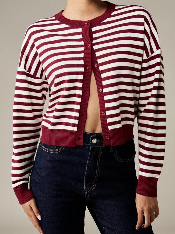 Missguided MISSGUIDED MISSGUIDED PLUS Burgundy Striped Button Front Cropped Cardigan With Ribbed Trim