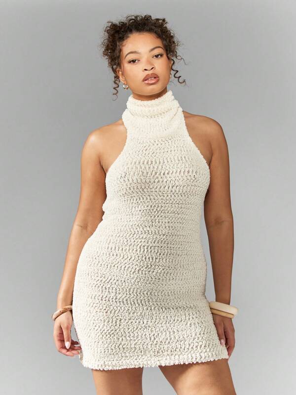 missguided MISSGUIDED MISSGUIDED PLUS Crochet Knit Turtle Neck Textured Racer Bodycon Mini Dress