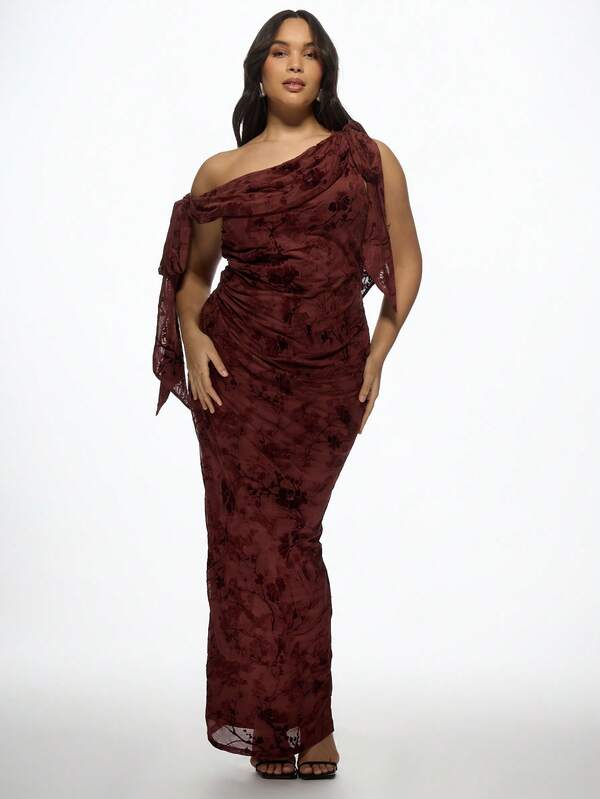Missguided MISSGUIDED MISSGUIDED PLUS Elegant One-Shoulder Velvet Ruched Maxi Plus Size Dresses