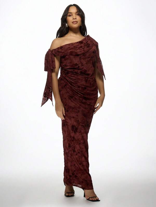 missguided MISSGUIDED MISSGUIDED PLUS Elegant One-Shoulder Velvet Ruched Maxi Plus Size Dresses