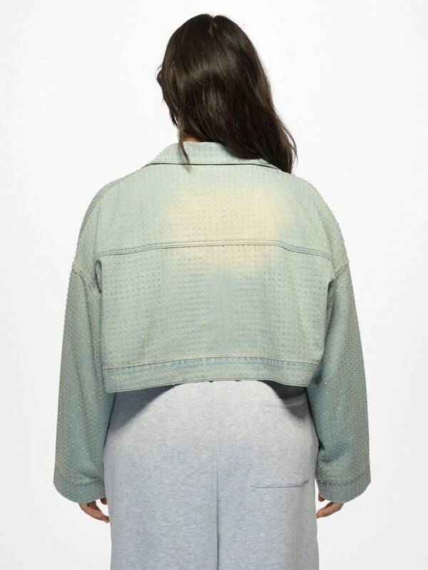 Missguided MISSGUIDED MISSGUIDED PLUS Oversized Studded Crop Rhinestone Embellished Plus Size Denim Jacket
