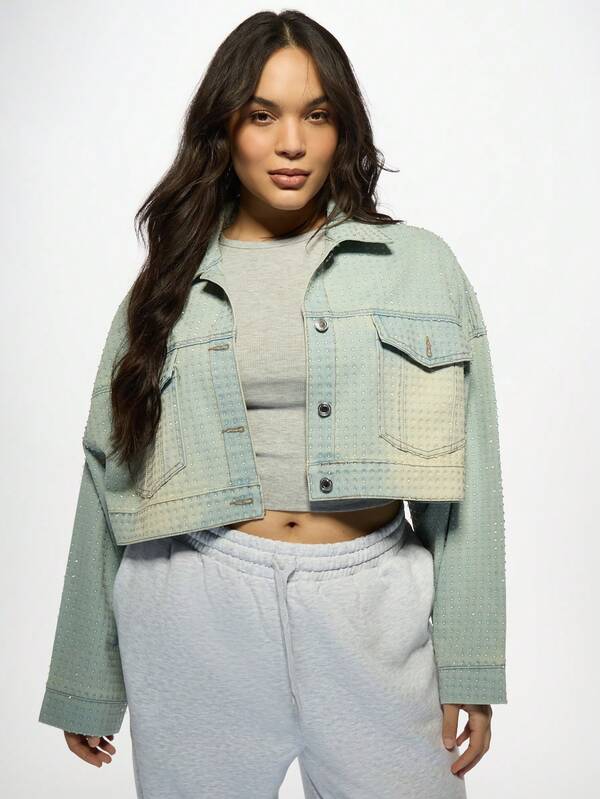 Missguided MISSGUIDED MISSGUIDED PLUS Oversized Studded Crop Rhinestone Embellished Plus Size Denim Jacket