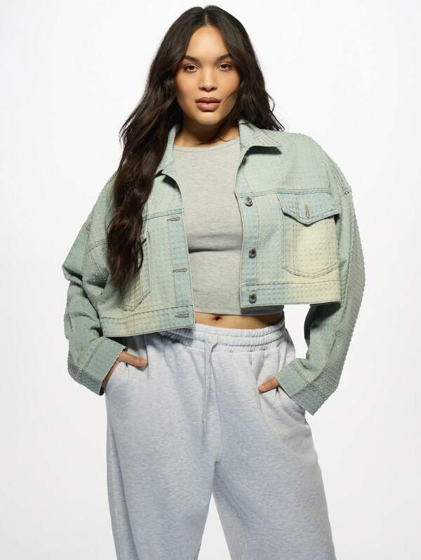 missguided MISSGUIDED MISSGUIDED PLUS Oversized Studded Crop Rhinestone Embellished Plus Size Denim Jacket