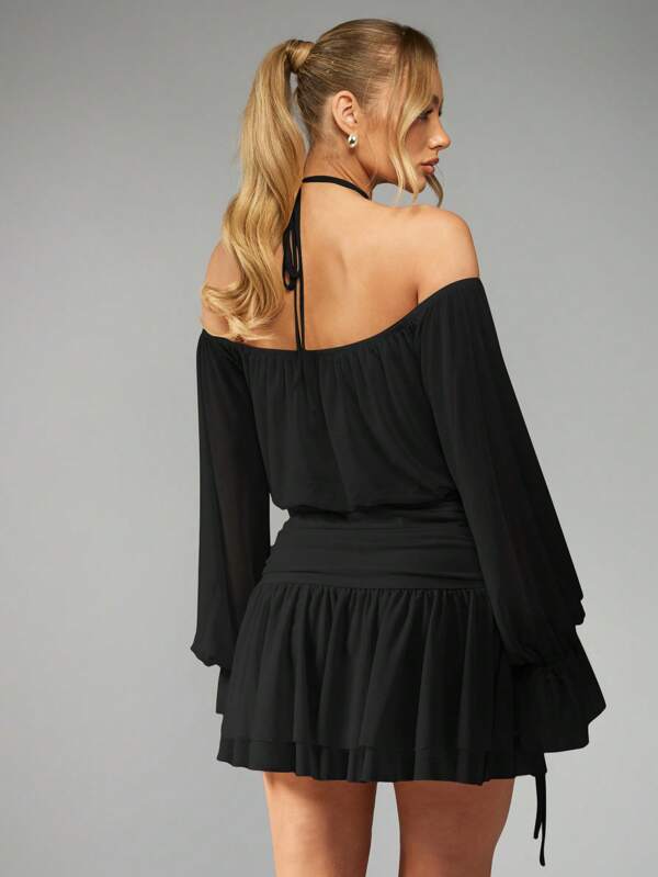 Missguided MISSGUIDED MISSGUIDED PLUS Plus Size Halter Neck Balloon Sleeve Mini Dress Ruched Waist Elegant