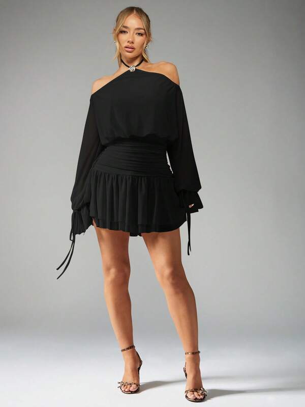 Missguided MISSGUIDED MISSGUIDED PLUS Plus Size Halter Neck Balloon Sleeve Mini Dress Ruched Waist Elegant