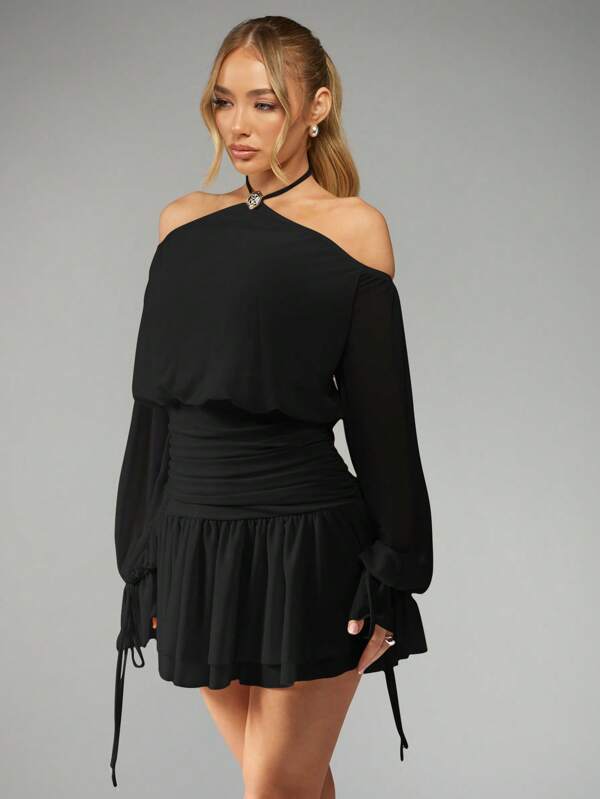 missguided MISSGUIDED MISSGUIDED PLUS Plus Size Halter Neck Balloon Sleeve Mini Dress Ruched Waist Elegant