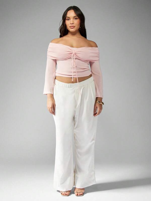Missguided MISSGUIDED MISSGUIDED PLUS Plus Size Off Shoulder Ruched Drawstring Knit Crop Top