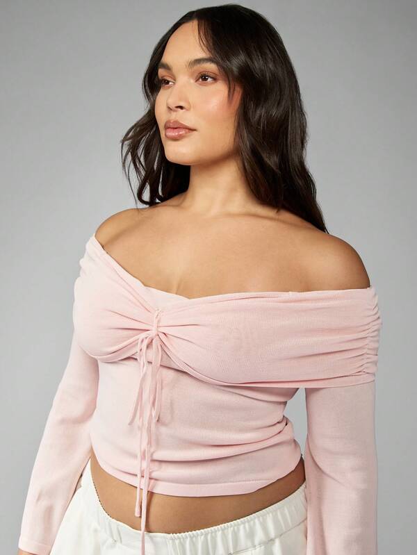 Missguided MISSGUIDED MISSGUIDED PLUS Plus Size Off Shoulder Ruched Drawstring Knit Crop Top