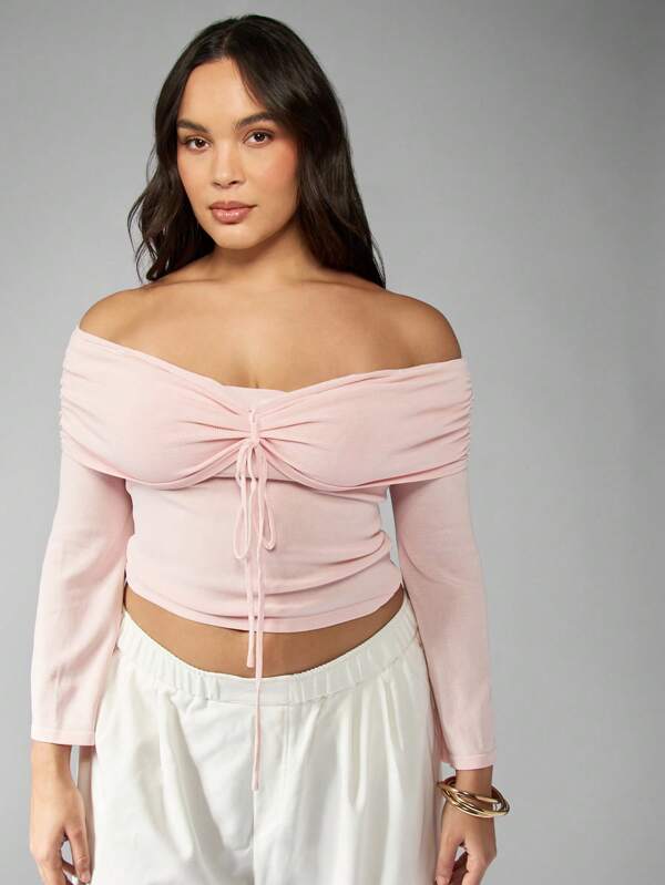 missguided MISSGUIDED MISSGUIDED PLUS Plus Size Off Shoulder Ruched Drawstring Knit Crop Top
