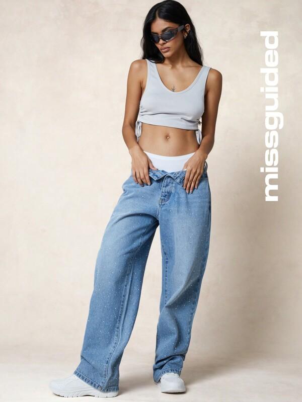 Missguided MISSGUIDED Rhinestone Baggy Fit Jeans