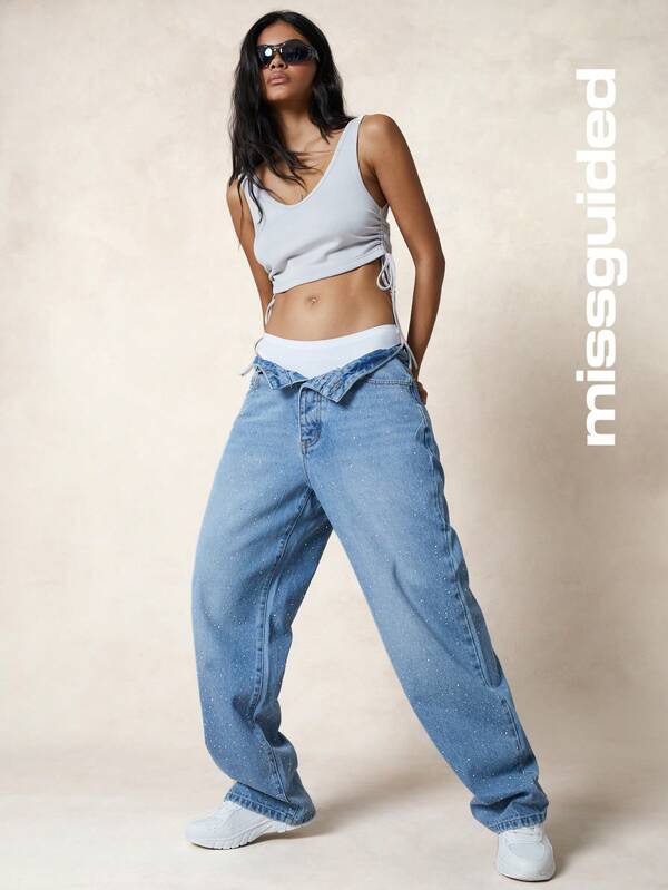 Missguided MISSGUIDED Rhinestone Baggy Fit Jeans