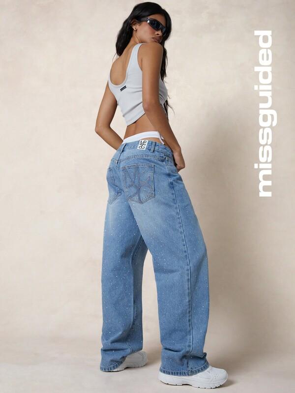 Missguided MISSGUIDED Rhinestone Baggy Fit Jeans