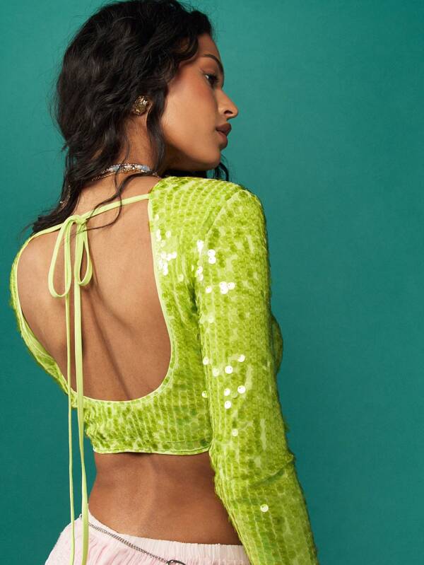 Missguided MISSGUIDED Sequin Long Sleeve Crop Top