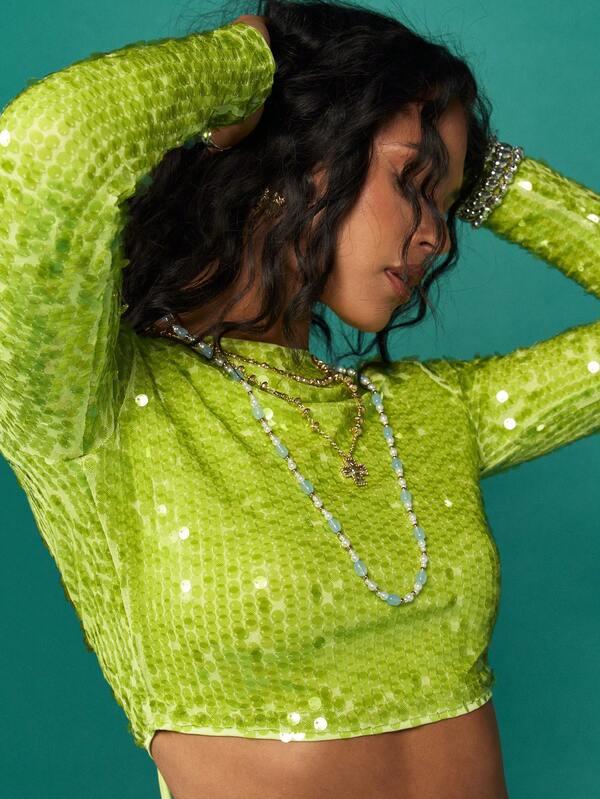 Missguided MISSGUIDED Sequin Long Sleeve Crop Top