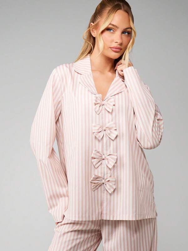 Missguided MISSGUIDED Striped Bow Front Pajama Set