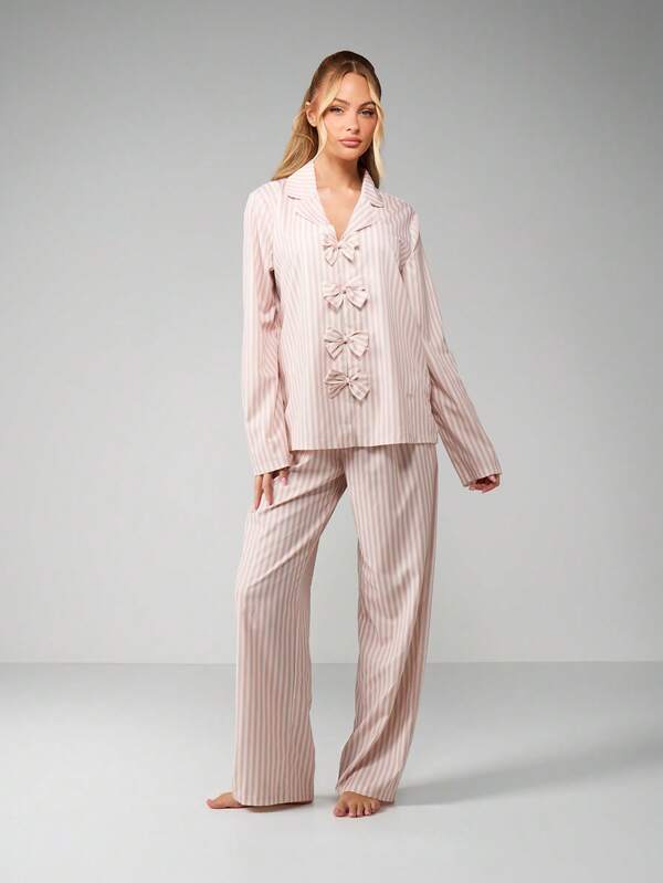 missguided MISSGUIDED Striped Bow Front Pajama Set