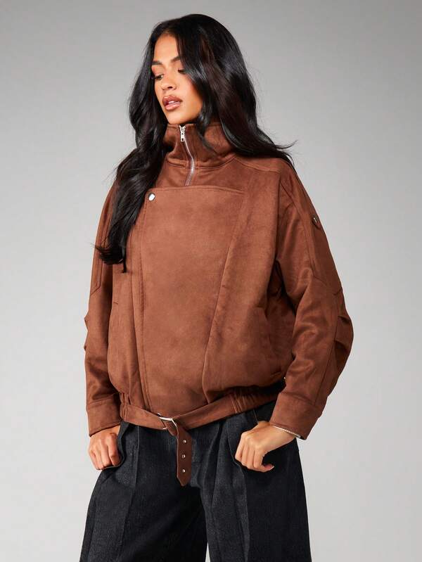 Missguided MISSGUIDED Suede Half Zip Bomber Jacket