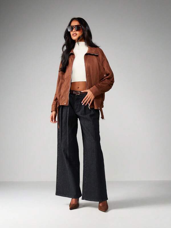 Missguided MISSGUIDED Suede Half Zip Bomber Jacket