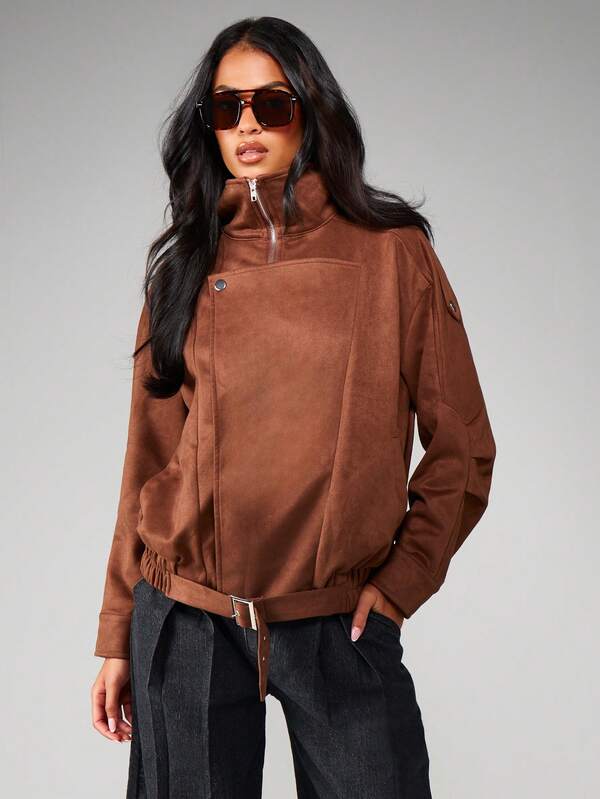 missguided MISSGUIDED Suede Half Zip Bomber Jacket
