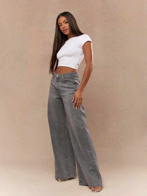 Missguided MISSGUIDED Washed Denim Wide Leg Jeans