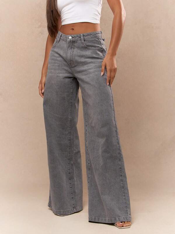missguided MISSGUIDED Washed Denim Wide Leg Jeans