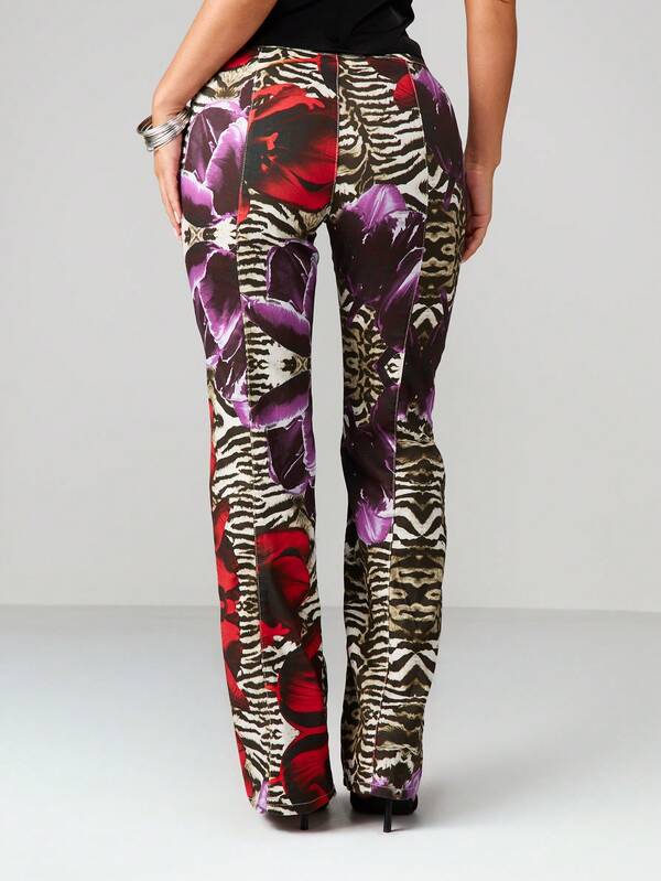 Missguided MISSGUIDED Mixed Animal Print Lace Up Flare Jeans