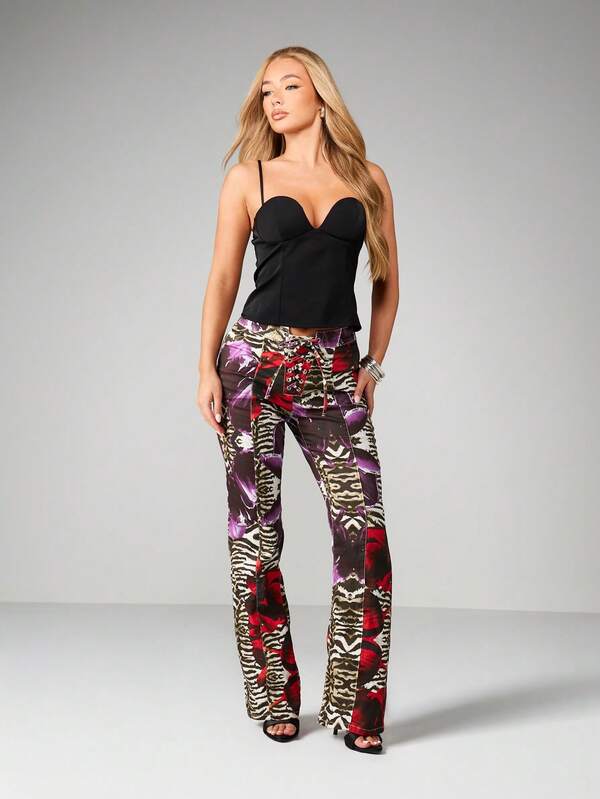 Missguided MISSGUIDED Mixed Animal Print Lace Up Flare Jeans