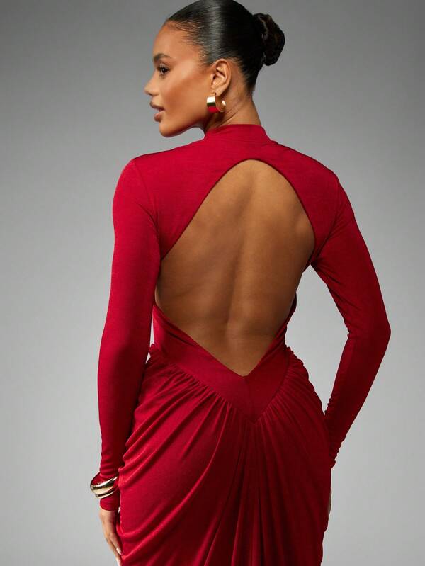 Missguided MISSGUIDED Mock Neck Backless Draped Evening Gown