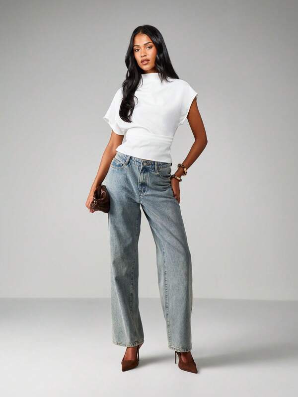 Missguided MISSGUIDED Mock Neck Boxy Knit Top With Cuffed Sleeves