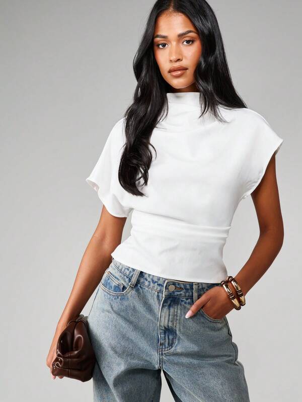 missguided MISSGUIDED Mock Neck Boxy Knit Top With Cuffed Sleeves