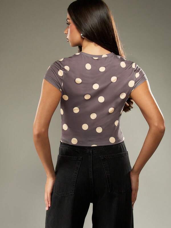 Missguided MISSGUIDED Mock Neck Button Front Polka Dot Fitted Crop Top