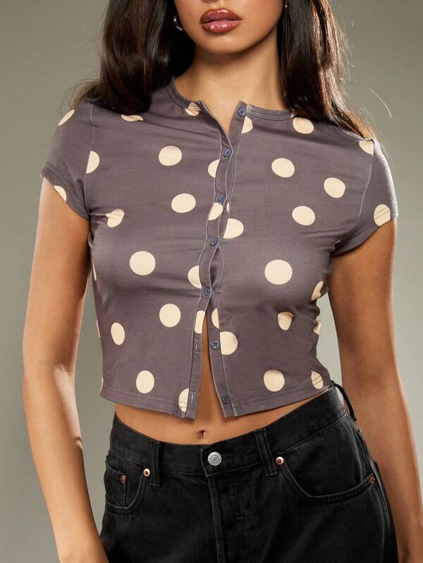Missguided MISSGUIDED Mock Neck Button Front Polka Dot Fitted Crop Top