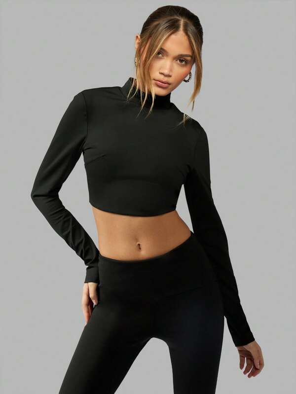 missguided MISSGUIDED Mock Neck Long Sleeve Crop Top Workout