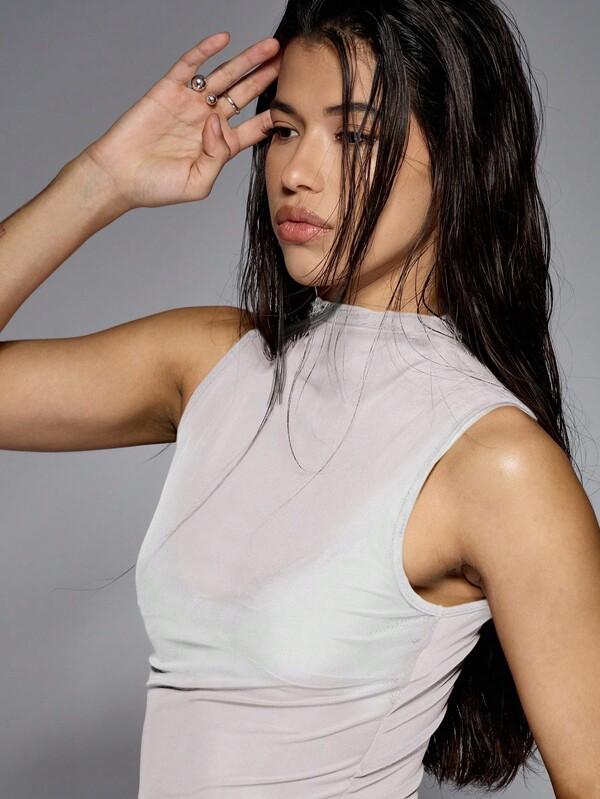 Missguided MISSGUIDED Mock Neck Sleeveless Top With Mesh Layer Design