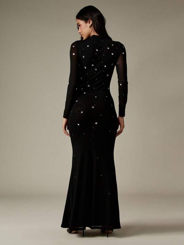 Missguided MISSGUIDED Mock Neck Studded Mermaid Dress With Mesh Sleeves