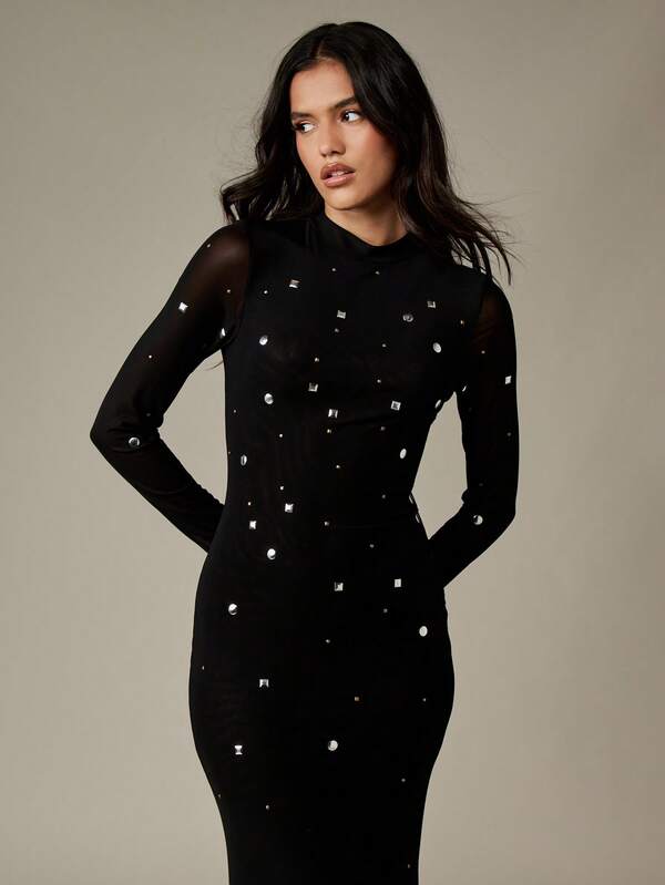 Missguided MISSGUIDED Mock Neck Studded Mermaid Dress With Mesh Sleeves