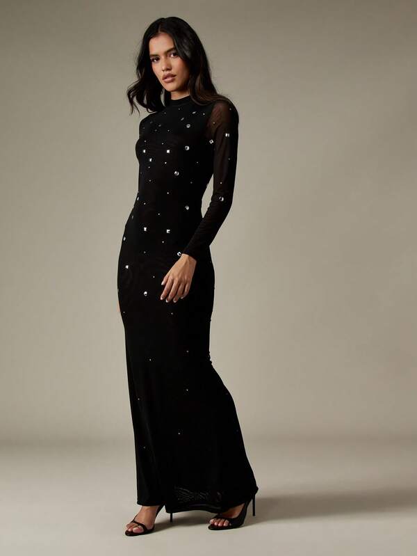 Missguided MISSGUIDED Mock Neck Studded Mermaid Dress With Mesh Sleeves