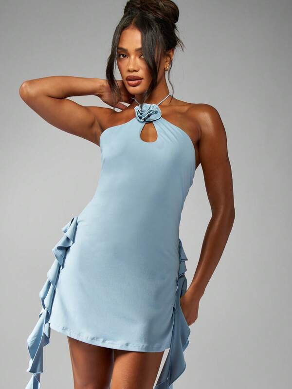 Missguided MISSGUIDED Modern Design Halter Neck Mini Dress With Side Ruffle Details And Satin Finish