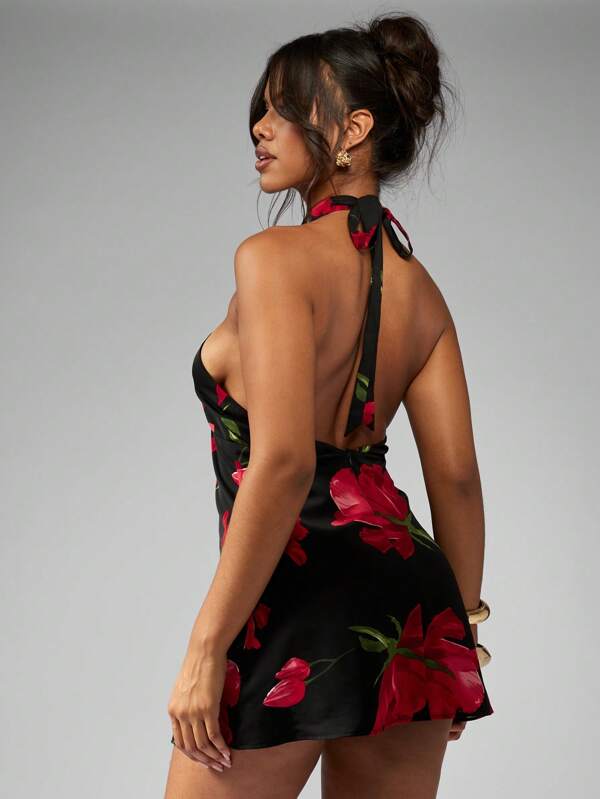 Missguided MISSGUIDED Modern Floral Halter Twist Front Sleeveless Short Mini Dress