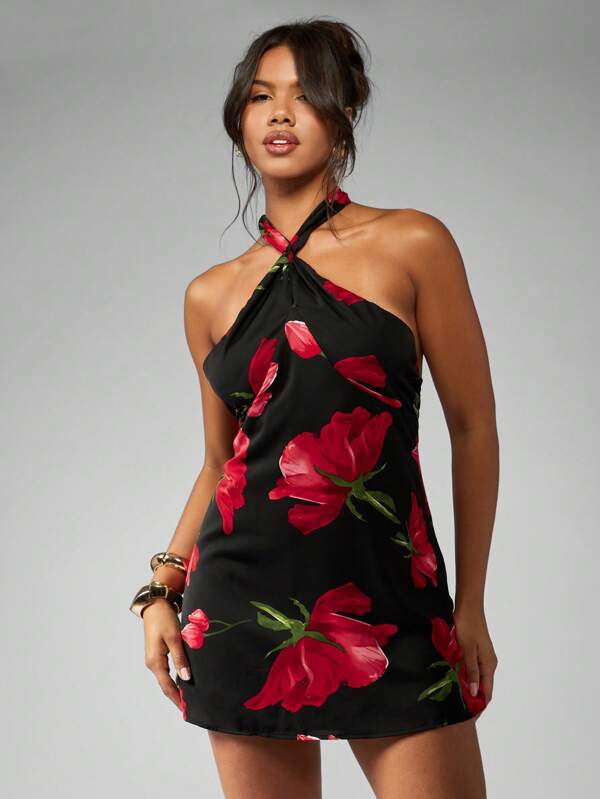 missguided MISSGUIDED Modern Floral Halter Twist Front Sleeveless Short Mini Dress