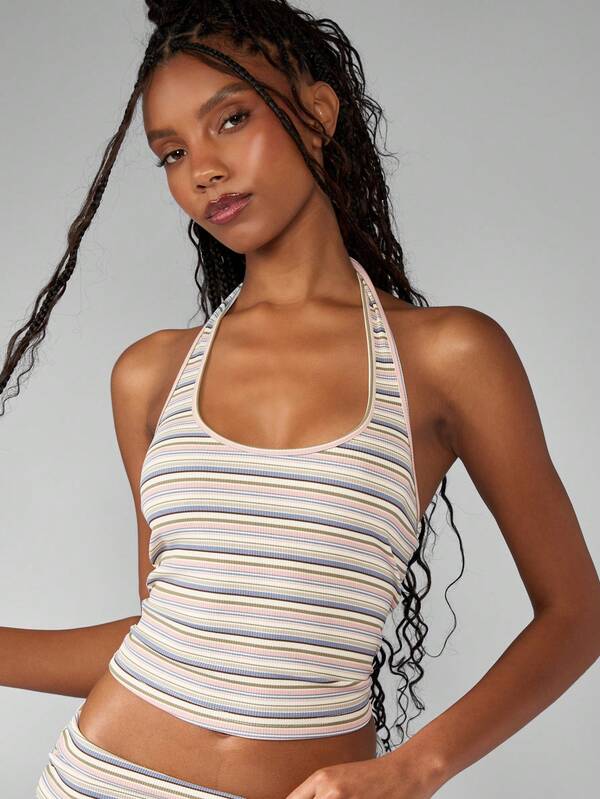 Missguided MISSGUIDED Modern Vintage Ribbed Halter Crop Top Mini Skirt Two-Piece Outfit