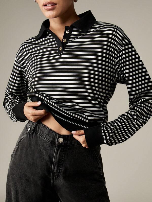 Missguided MISSGUIDED Monochrome Striped Sweatshirt With Polo Collar