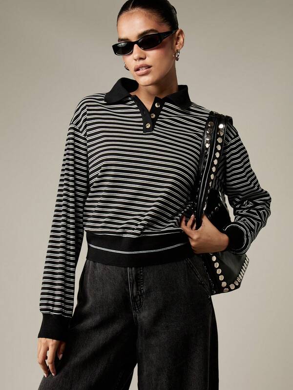 missguided MISSGUIDED Monochrome Striped Sweatshirt With Polo Collar