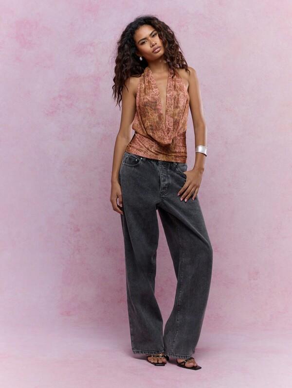 Missguided MISSGUIDED Music Festival Animal Print Long Cowl Neck Backless Top